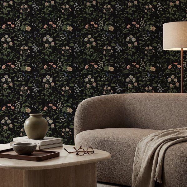 Tapet Motiv floral pe fond negru cu stele, Tapet flori, a01160 : Uwalls.ro