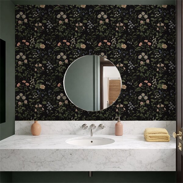Tapet Motiv floral pe fond negru cu stele, Tapet flori, a01160 : Uwalls.ro