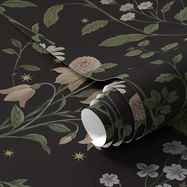 Tapet Motiv floral pe fond negru cu stele, Tapet flori, a01160 : Uwalls.ro