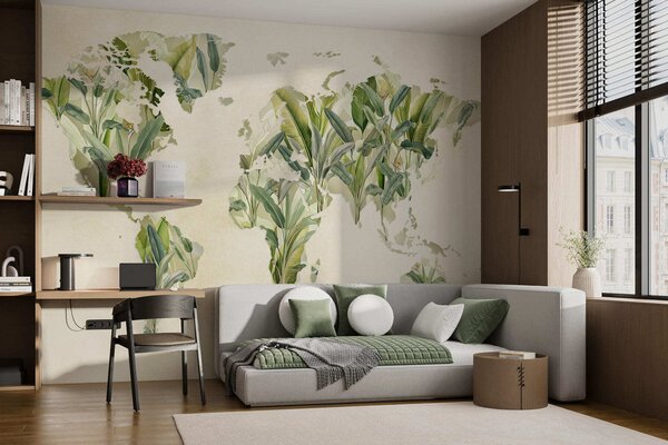 Tapet O hartă verde a lumii realizată din frunze de bananier, Fototapet Harta lumii, c00007 : Uwalls.ro
