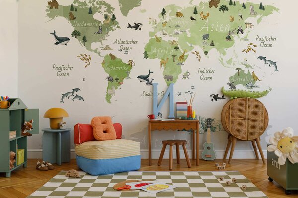 Tapet O hartă verde în stil acuarelă, cu animale, plante și elemente arhitecturale. Inscripții în, Fototapet Harta lumii, c00009dev2 : Uwalls.ro