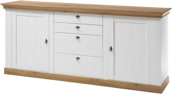 Comodă ~Trieste~ in stil rustic, cu aspect de lemn, culoare alb-maro, material MDF, mânere metalice, 210 cm lățime