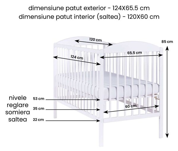 Patut din lemn masiv 120x60 cm Kidizi Orella alb cu laterala culisanta, roti si saltea cocos LUX 120x60x12 cm, reglabil pe 3 nivele, certificat EN71