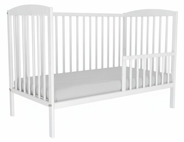 Patut din lemn masiv cu bariera 120x60 cm Kidizi Orella alb si saltea cocos LUX 120x60x12 cm, reglabil pe 3 nivele, certificat EN71
