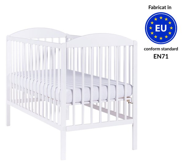 Patut din lemn masiv 120x60 cm Kidizi Orella alb, masuta infasat din lemn si salteluta incluse, reglabil pe 3 nivele, certificat EN71
