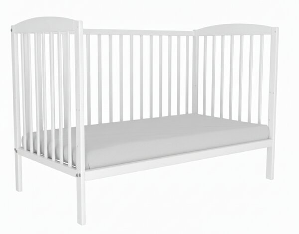 Patut din lemn masiv 120x60 cm Kidizi Orella alb cu laterala culisanta si saltea antialergica cu ventilatie Air 120x60x10 cm, reglabil pe 3 nivele, certificat EN71