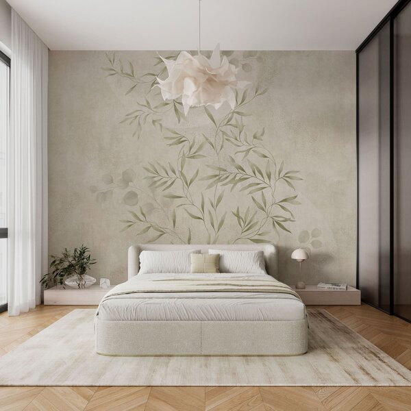 Tapet Motiv botanic în nuanțe de verde deschis pe un fundal texturat, Fototapet Acuarelă, w05424v1 : Uwalls.ro