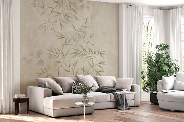 Tapet Motiv botanic în nuanțe de verde deschis pe un fundal texturat, Fototapet Acuarelă, w05424v1 : Uwalls.ro