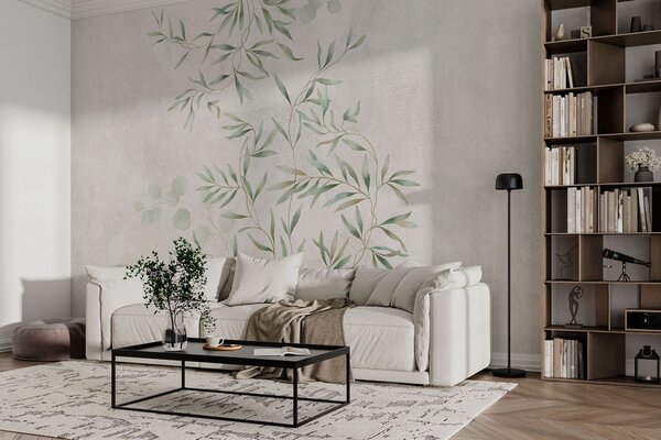 Tapet Model botanic delicat, cu ramuri subțiri pe un fundal deschis, Fototapet Acuarelă, w05424 : Uwalls.ro