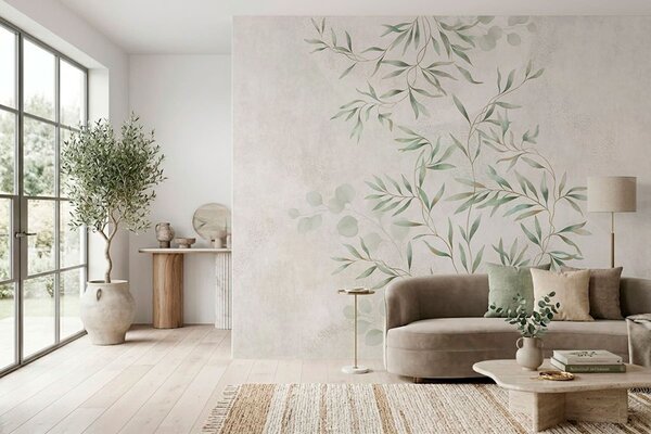 Tapet Model botanic delicat, cu ramuri subțiri pe un fundal deschis, Fototapet Acuarelă, w05424 : Uwalls.ro