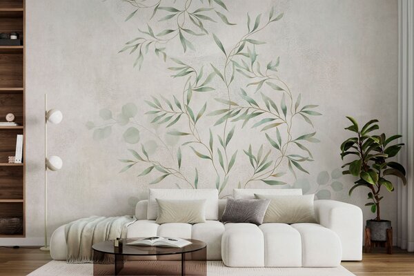 Tapet Model botanic delicat, cu ramuri subțiri pe un fundal deschis, Fototapet Acuarelă, w05424 : Uwalls.ro