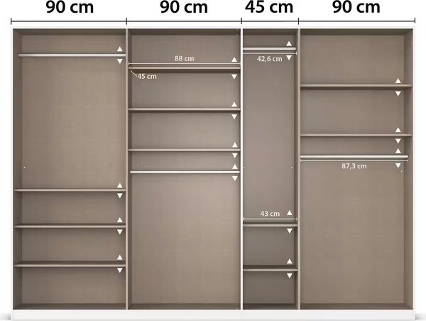 Dulap 315 cm lățime, 7 uși batante, culoare albă, compartimentare premium, mânere metalice, 229 cm inaltime