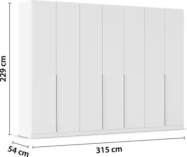 Dulap 315 cm lățime, 7 uși batante, culoare albă, compartimentare premium, mânere metalice, 229 cm inaltime
