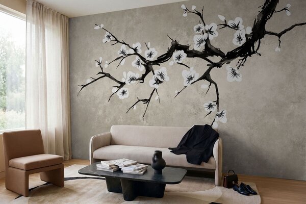 Tapet Ramură cu flori albe, în stil minimalist, Fototapet Flori, w05425 : Uwalls.ro