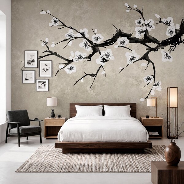 Tapet Ramură cu flori albe, în stil minimalist, Fototapet Flori, w05425 : Uwalls.ro