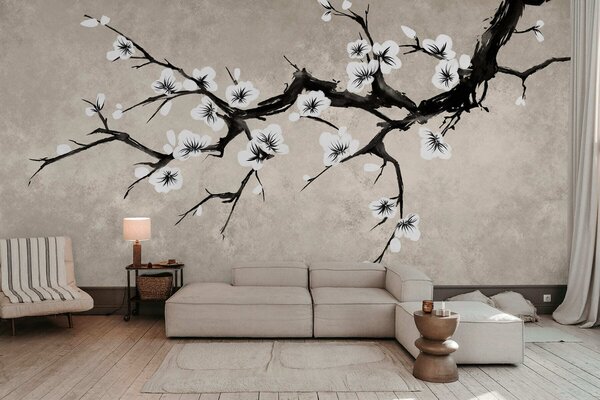Tapet Ramură cu flori albe, în stil minimalist, Fototapet Flori, w05425 : Uwalls.ro
