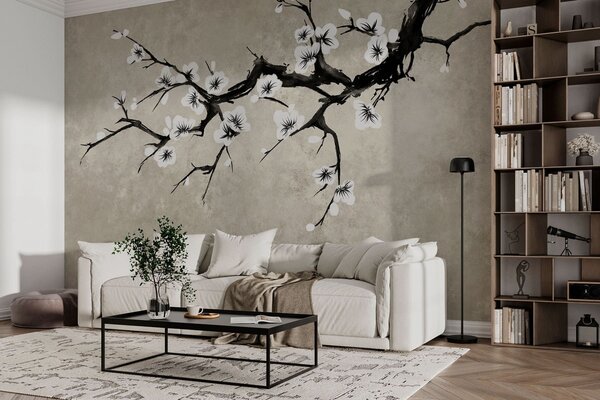Tapet Ramură cu flori albe, în stil minimalist, Fototapet Flori, w05425 : Uwalls.ro