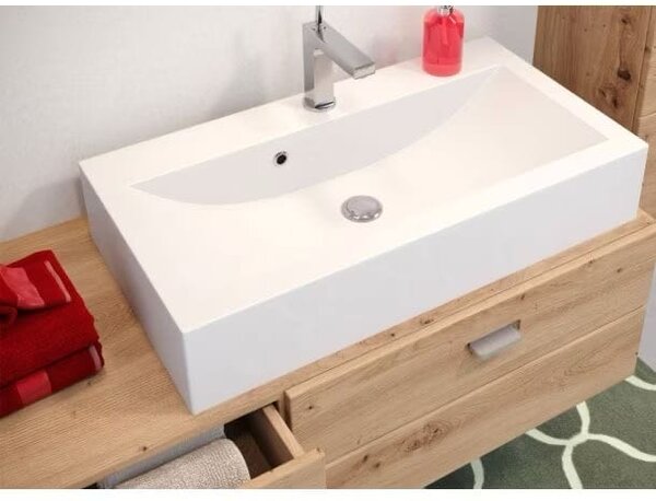 Set baie ~Dolomites~ format din 3 piese, lavoar inclus, material fronturi MDF, culoare stejar