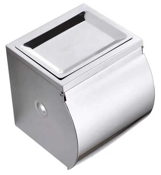 Suport hartie igienica Pufo din aluminiu pentru baie– dispenser elegant cu capac, montaj pe perete, 13 cm, argintiu