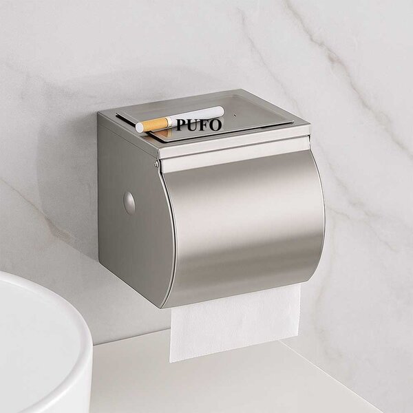 Suport hartie igienica Pufo din aluminiu pentru baie– dispenser elegant cu capac, montaj pe perete, 13 cm, argintiu
