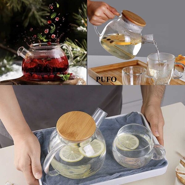 Ceainic Pufo din sticla cu capac din bambus, 1L- ideal pentru ceai, infuzii si servire eleganta