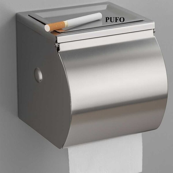 Suport hartie igienica Pufo din aluminiu pentru baie– dispenser elegant cu capac, montaj pe perete, 13 cm, argintiu