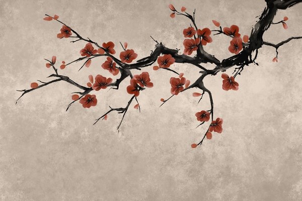 Tapet Ramură înflorită în stil oriental pe fundal bej, Fototapet Flori, w05425v4 : Uwalls.ro