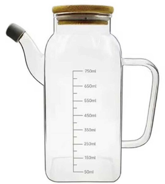 Oliviera gradata Pufo din sticla borosilicata cu maner si capac din bambus, 750 ml – recipient pentru ulei, otet si lichide
