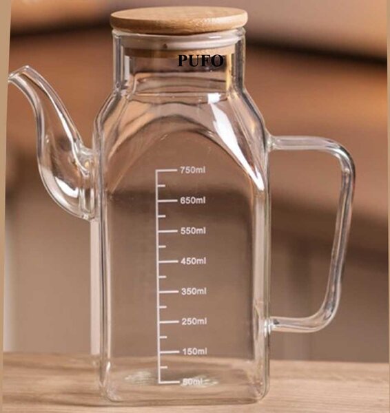 Oliviera gradata Pufo din sticla borosilicata cu maner si capac din bambus, 750 ml – recipient pentru ulei, otet si lichide