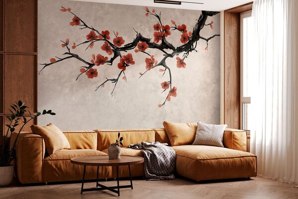 Tapet Ramură înflorită în stil oriental pe fundal bej, Fototapet Flori, w05425v4 : Uwalls.ro