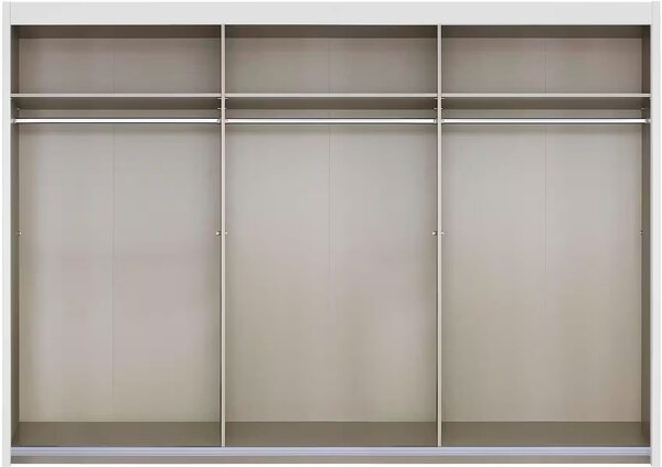 Dressing 300 cm lățime, 3 uși glisante, full oglindă, culoare albă, material PAL, 197 cm înălțime