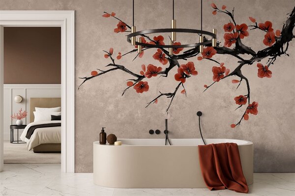 Tapet Ramură înflorită în stil oriental pe fundal bej, Fototapet Flori, w05425v4 : Uwalls.ro