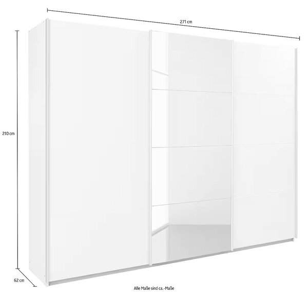Dressing 271 cm lățime, 3 uși glisante, oglindă pe mijloc, culoare stejar, compartimentare premium, 210 cm înălțime