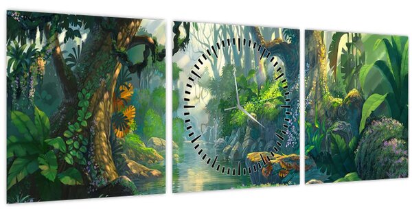 Tablou - Ilustrare pădure tropicală (cu ceas) (90x30 cm)