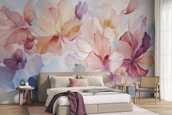 Tapet Flori abstracte, fanteziste, în nuanțe de roz, piersică și lavandă, în stil pictural, artă texturată, Fototapet Acuarelă, w09767 : Uwalls.ro