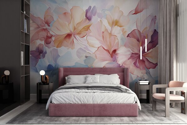 Tapet Flori abstracte, fanteziste, în nuanțe de roz, piersică și lavandă, în stil pictural, artă texturată, Fototapet Acuarelă, w09767 : Uwalls.ro