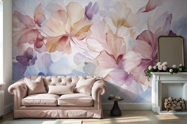 Tapet Flori abstracte, fanteziste, în nuanțe de roz, piersică și lavandă, în stil pictural, artă texturată, Fototapet Acuarelă, w09767 : Uwalls.ro