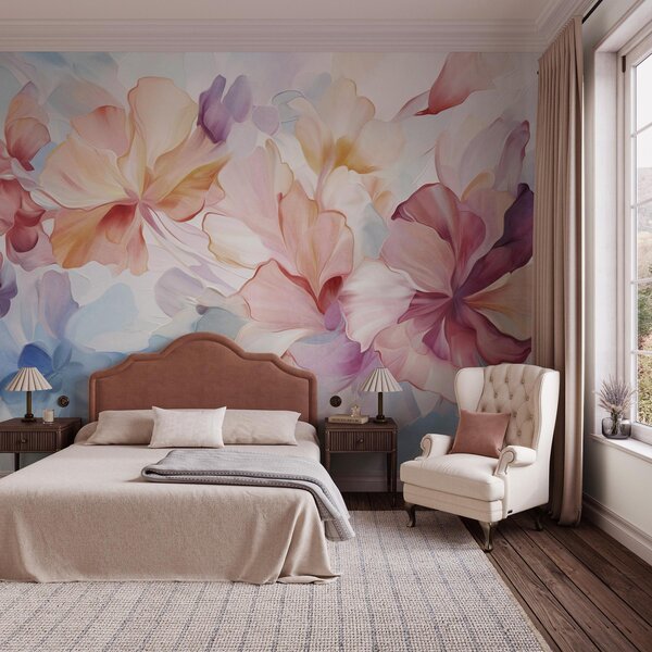 Tapet Flori abstracte, fanteziste, în nuanțe de roz, piersică și lavandă, în stil pictural, artă texturată, Fototapet Acuarelă, w09767 : Uwalls.ro