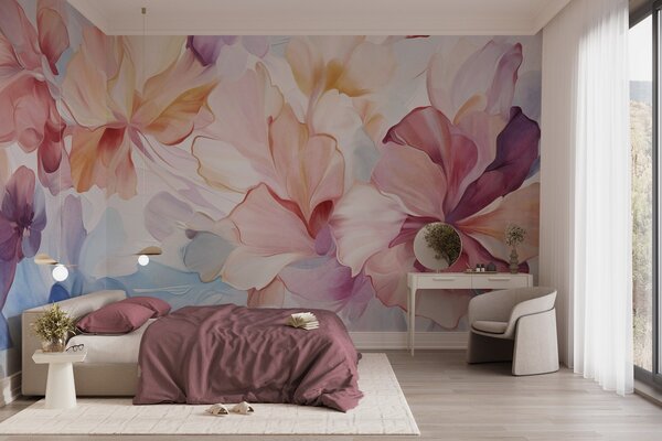 Tapet Flori abstracte, fanteziste, în nuanțe de roz, piersică și lavandă, în stil pictural, artă texturată, Fototapet Acuarelă, w09767 : Uwalls.ro
