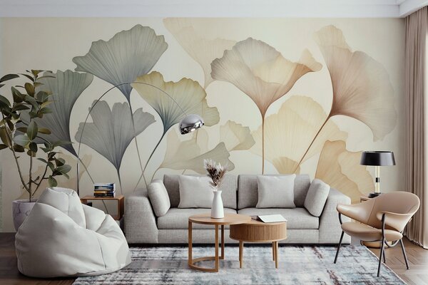 Tapet Frunze de ginkgo abstractizate, în nuanțe pastelate discrete precum albastru, verde și piersic, lucrare, Fototapet Natură, w09810 : Uwalls.ro