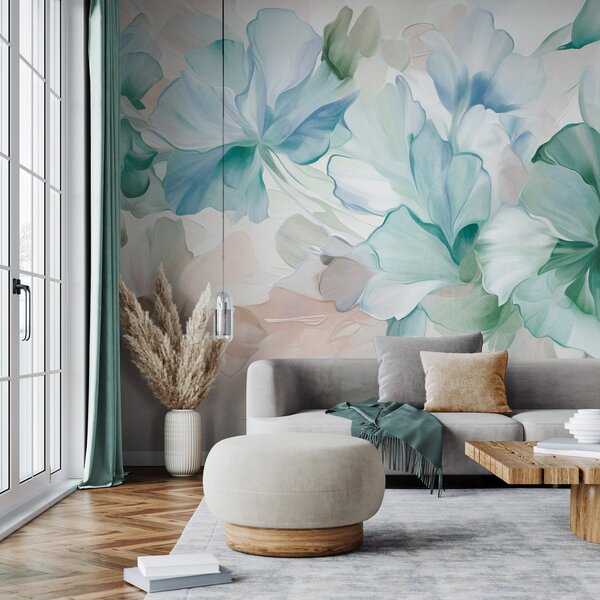 Tapet Flori abstracte, fanteziste, în nuanțe de verde, albastru și bej, în stil pictural, artă texturată, Fototapet Acuarelă, w09767v1 : Uwalls.ro