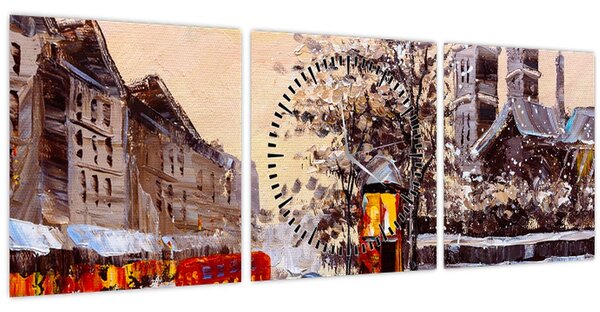 Tablou - Pictură oraș iarna (cu ceas) (90x30 cm)