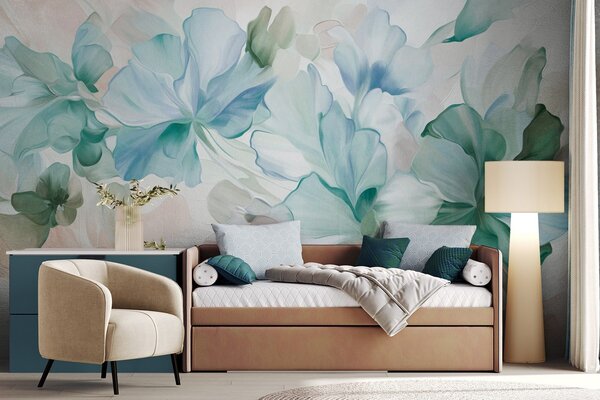 Tapet Flori abstracte, fanteziste, în nuanțe de verde, albastru și bej, în stil pictural, artă texturată, Fototapet Acuarelă, w09767v1 : Uwalls.ro