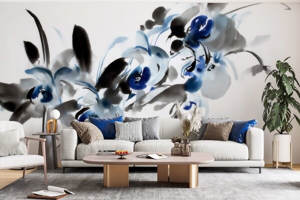 Tapet flori abstracte elegante, în stil acuarelă orientală, cu accente de albastru și negru, orhidee, Fototapet Flori, w09797 : Uwalls.ro