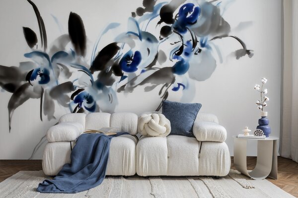 Tapet flori abstracte elegante, în stil acuarelă orientală, cu accente de albastru și negru, orhidee, Fototapet Flori, w09797 : Uwalls.ro