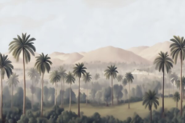 Tapet Peisaj tropical cu palmieri și munți, panoramă în stil retro în nuanțe de bej și verde, Fototapet pădure, Fototapet Tropics, w09798 : Uwalls.ro