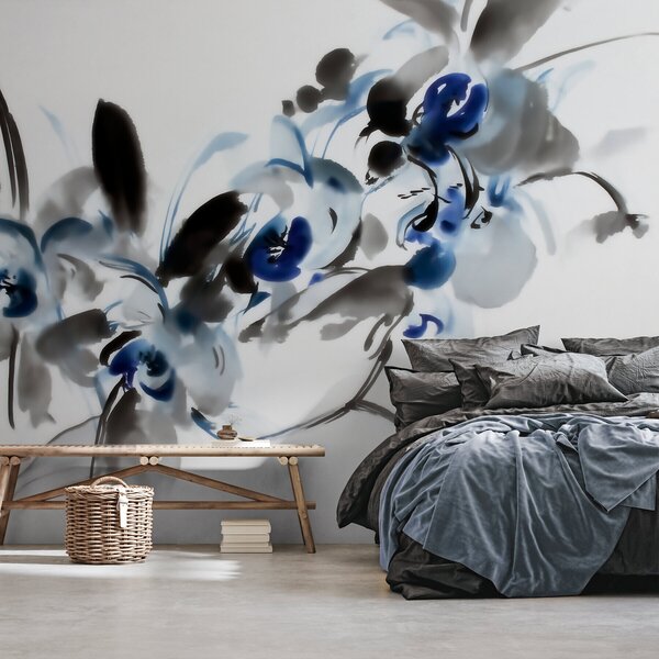 Tapet flori abstracte elegante, în stil acuarelă orientală, cu accente de albastru și negru, orhidee, Fototapet Flori, w09797 : Uwalls.ro