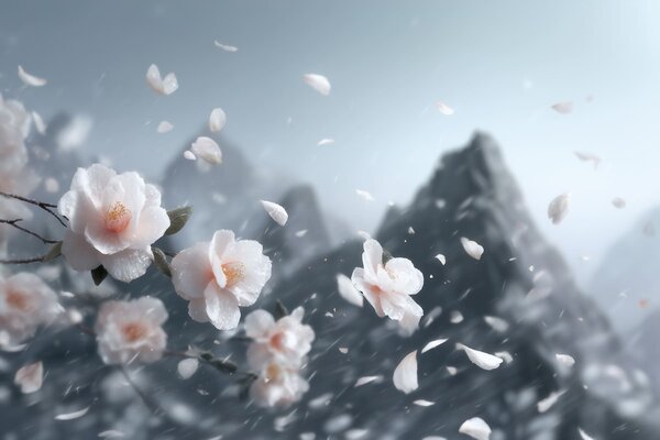 Tapet Flori delicate de cireș înflorit pe fundalul munților, peisaj japonez plin de atmosferă în nuanțe pastelate, Fototapet Flori, w09808 : Uwalls.ro