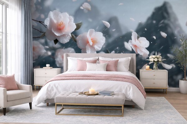 Tapet Flori delicate de cireș înflorit pe fundalul munților, peisaj japonez plin de atmosferă în nuanțe pastelate, Fototapet Flori, w09808 : Uwalls.ro