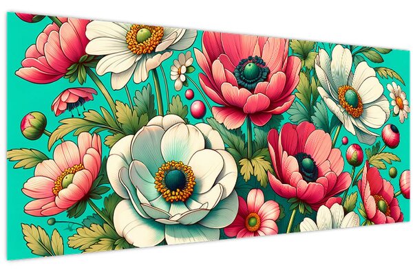 Tablou - Flori pe fundal albastru (120x50 cm)